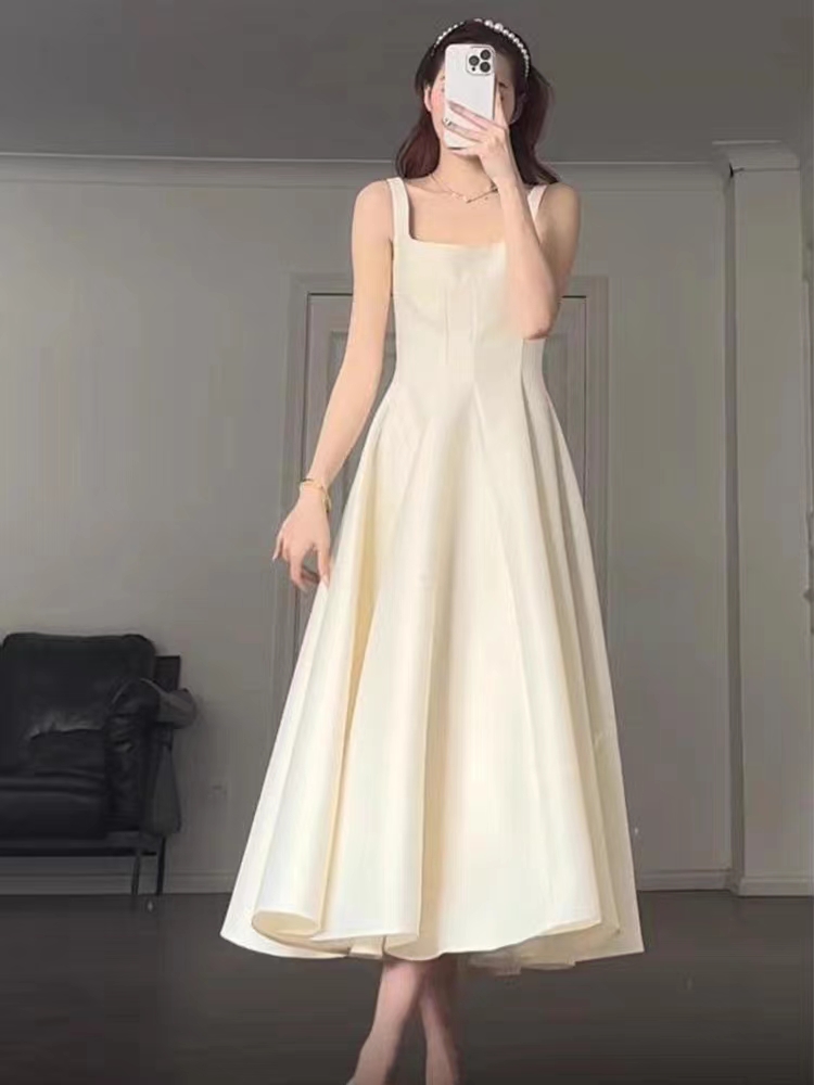 French Styles Women's Dresses Elegant Square Neck Evening Party Princess Dress