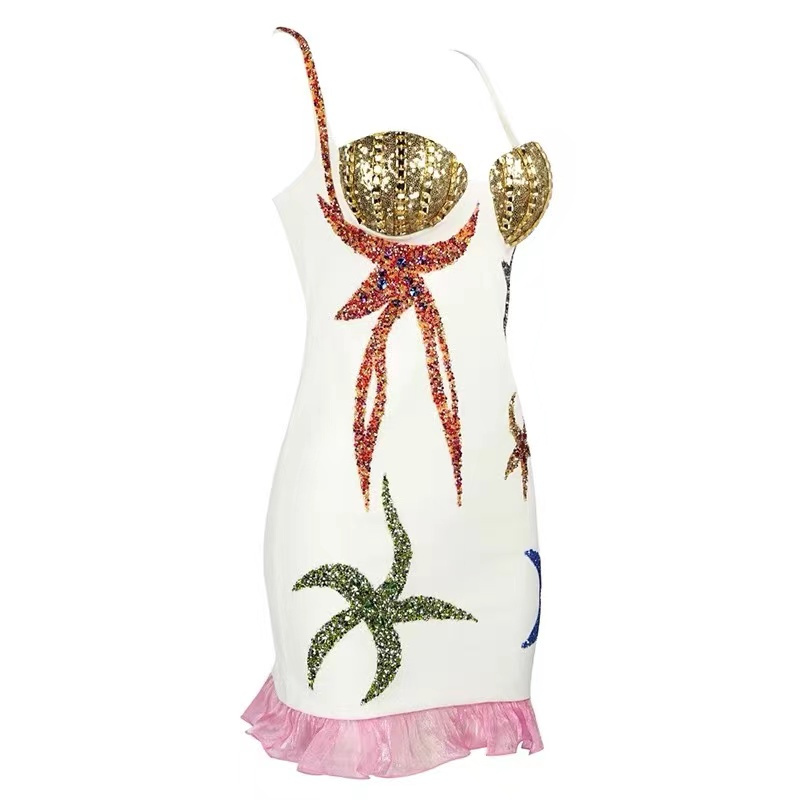 FD2254 Quality Clothing Brands Ruffles Sequined Diamonds Handmade Beaded Dress Runway Fashion Women Sundress