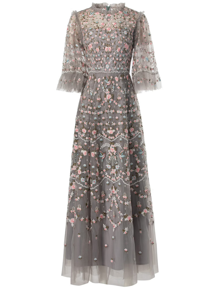 4xl 3xl 2xl Long Evening Dress 2024 Summer Women Allover Luxurious Embroidery Flare Sleeve Black Grey Apricot Maxi Long Dress