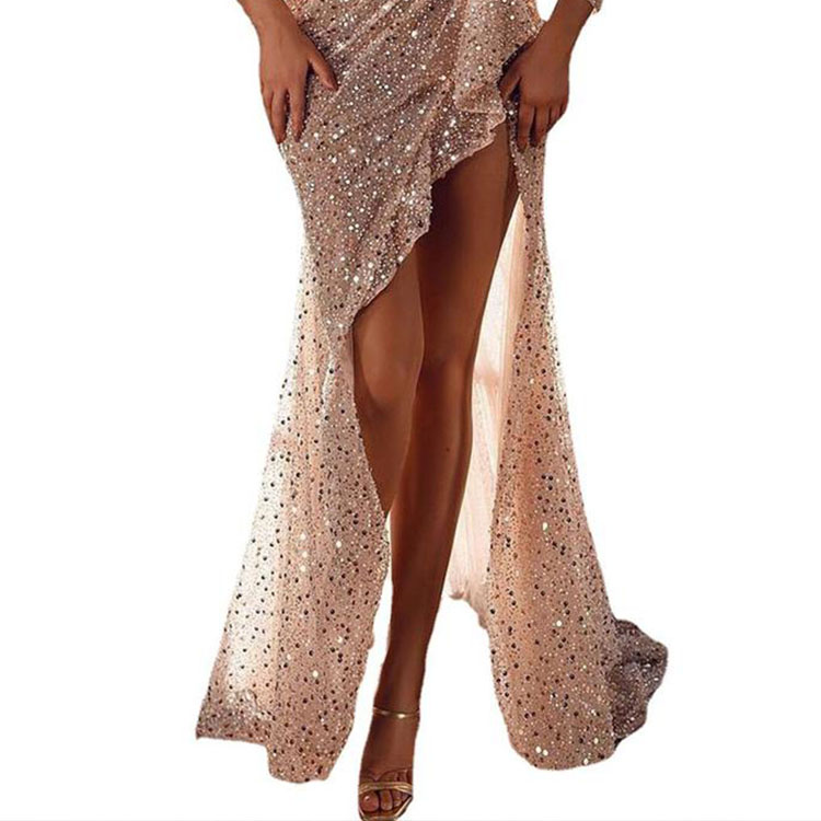 Mily Bridal ML249 Luxury High Slit Sequin Summer Party Evening Dress Glitter Irregular Off Shoulder Sundresses Swing Party Dress