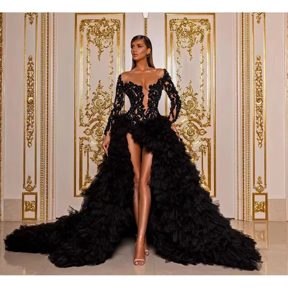 Evening Dresses Sexy V Neck Lady Prom Skirt Luxury Elegant Long Sleeves Ruffles Tulle Women  Size Colorful