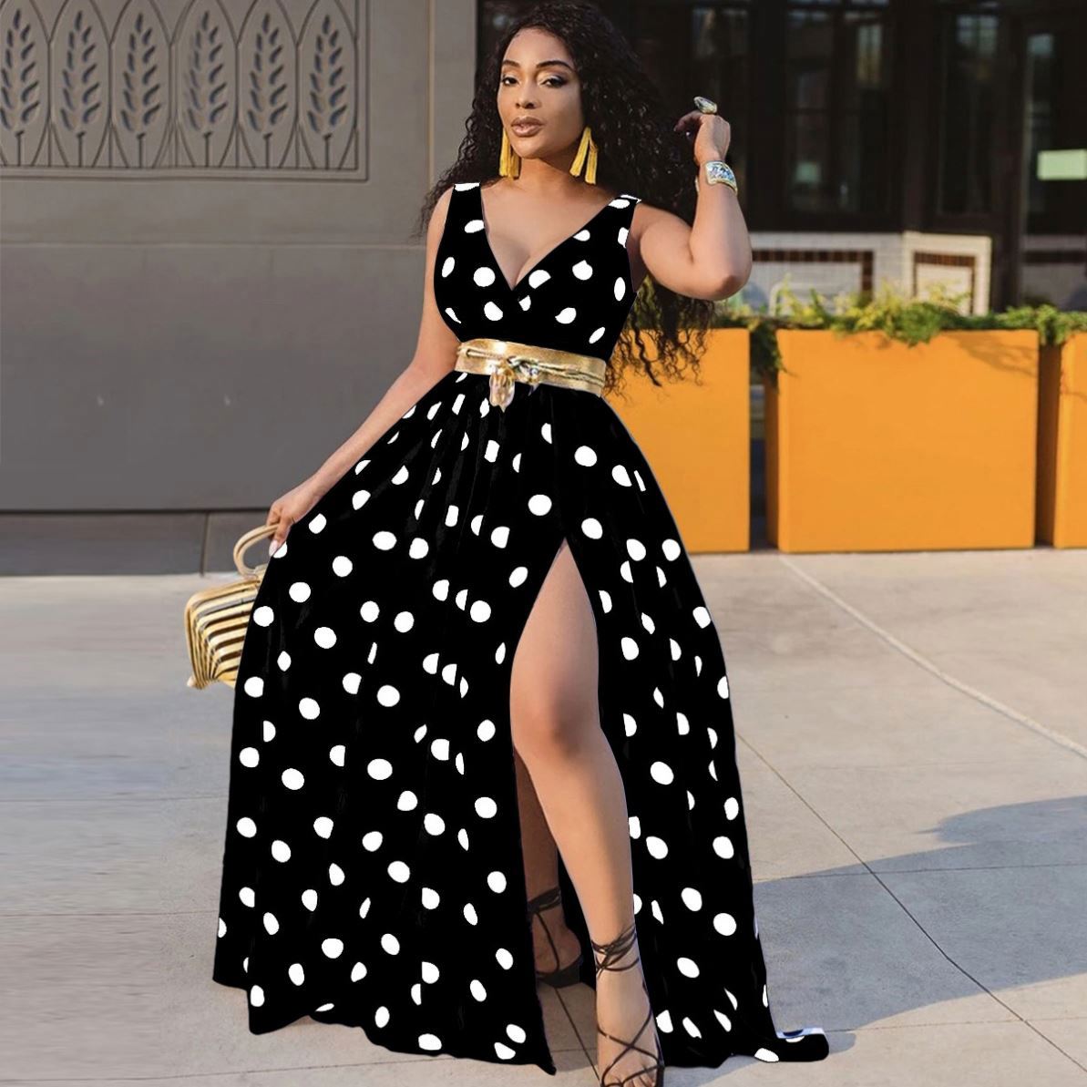 2021 Sundress Summer Women Causal Polka Dot Sleeveless High Pleated Elastic Waist V-Neck Beach Dress with Belt