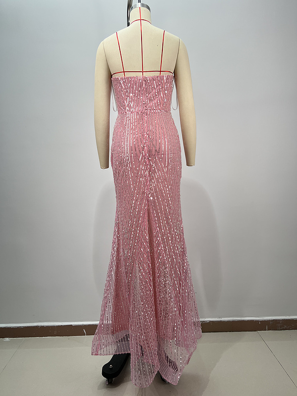 A9855   Pink Women Maxi Gown Dress Beaded Ladies Long Evening Dress