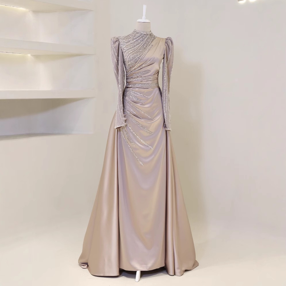 New Arrival Elegant Evening Dress Sequins Ruffle Design Bubble Sleeves Gauze Arab Abayas Muslim Women Party Dress