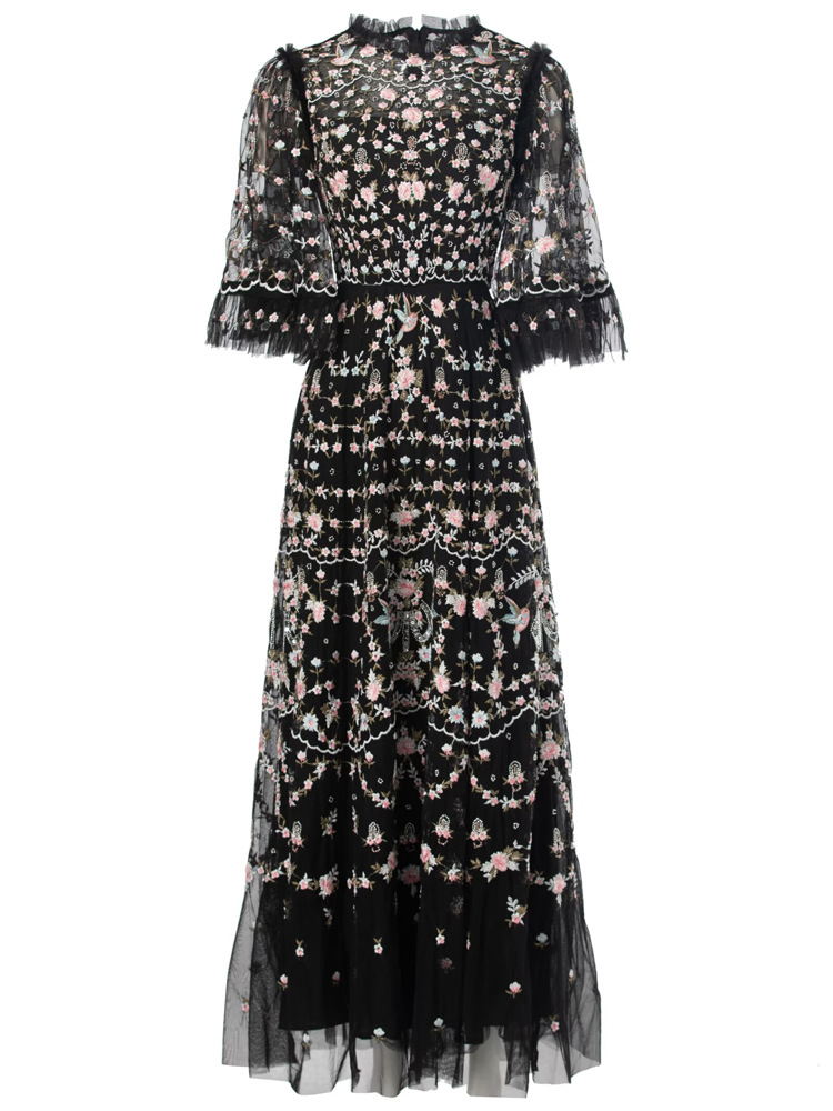 4xl 3xl 2xl Long Evening Dress 2024 Summer Women Allover Luxurious Embroidery Flare Sleeve Black Grey Apricot Maxi Long Dress