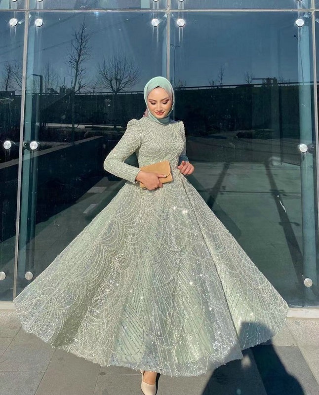 MC20041 Luxury Dubai Evening Dress Party Gowns Prom Dresses for Women High Neck Long Sleeves Beading Arabic Muslim Muslim Formal