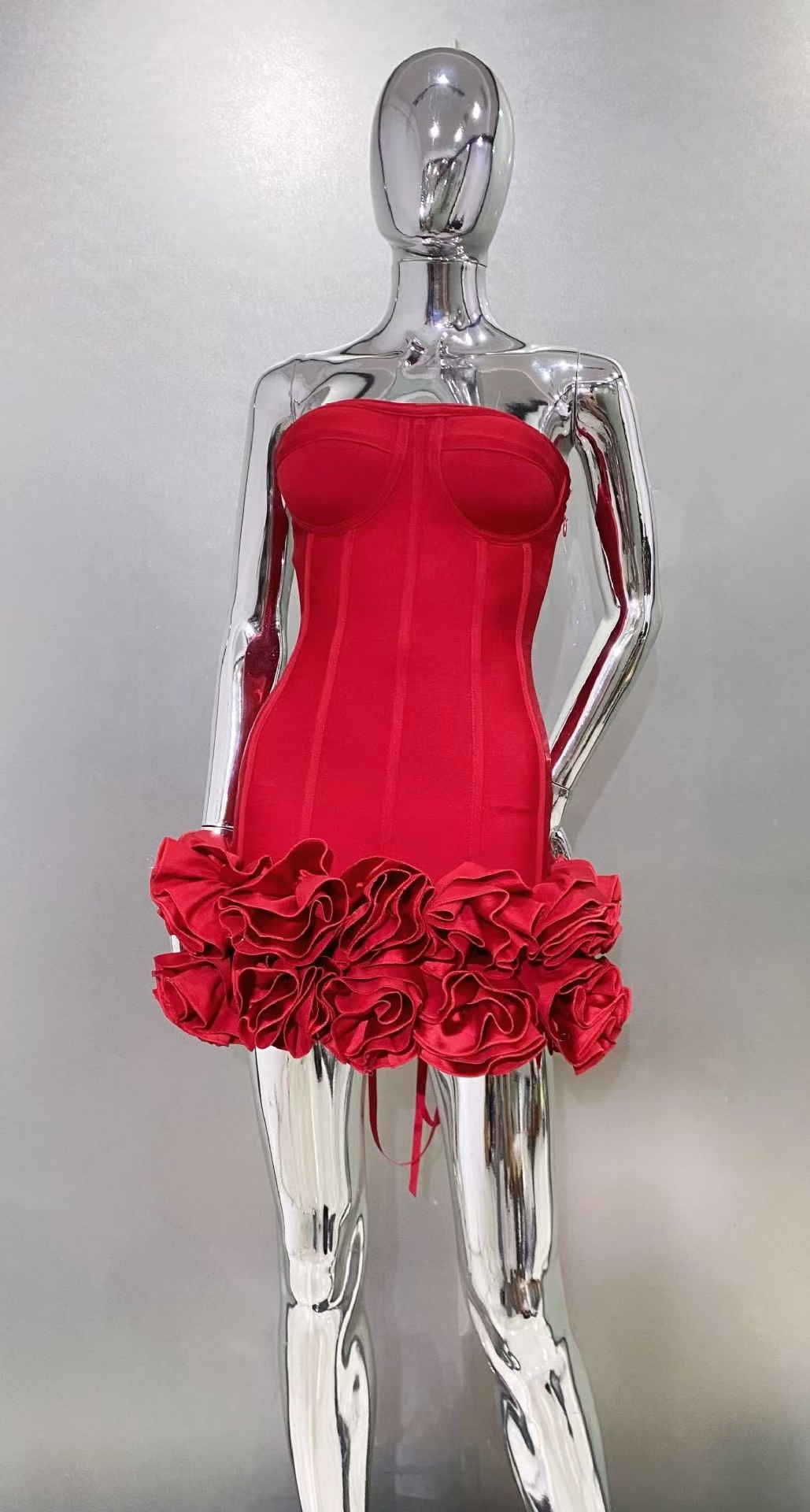 Fashion Prom Strapless Bandage Evening Luxury Birthday Party Outfits Red Flower Wedding  Dress Manufacturer Women Gowns