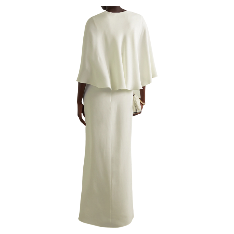 100% Silk Summer Women's Elegant Long Evening Dress V-Neck Elegant 3/4 Sleeve Drape Panel Maxi Ruffled Loose White  Plain