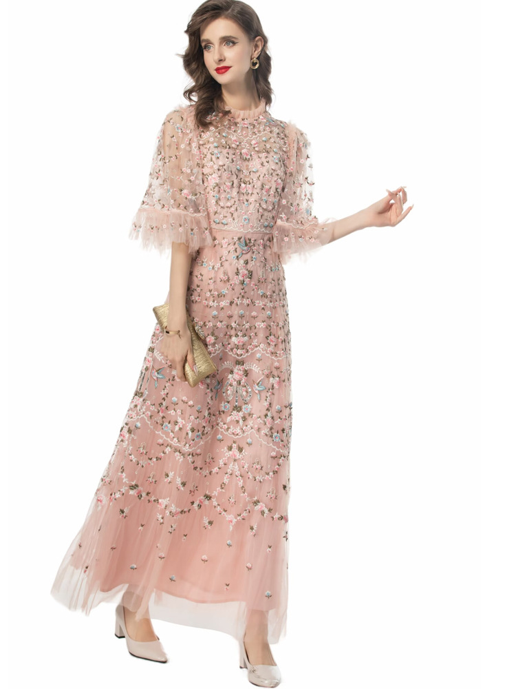 4xl 3xl 2xl Long Evening Dress 2024 Summer Women Allover Luxurious Embroidery Flare Sleeve Black Grey Apricot Maxi Long Dress