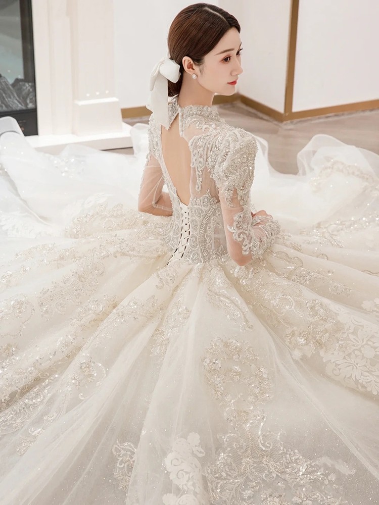Long Sleeve Beading Evening Gown Elegant Wedding Dresses Full Bridal Gown
