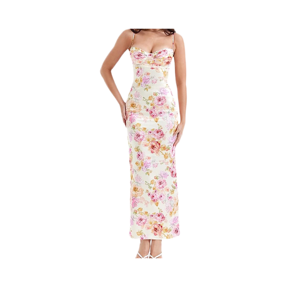 Lady's Floral Satin Bodycon Maxi Dress Casual Wedding Guest Formal Sundress Summer Floor-Length Digital Printing Lace Decoration
