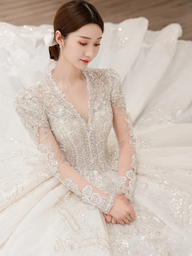 Long Sleeve Beading Evening Gown Elegant Wedding Dresses Full Bridal Gown