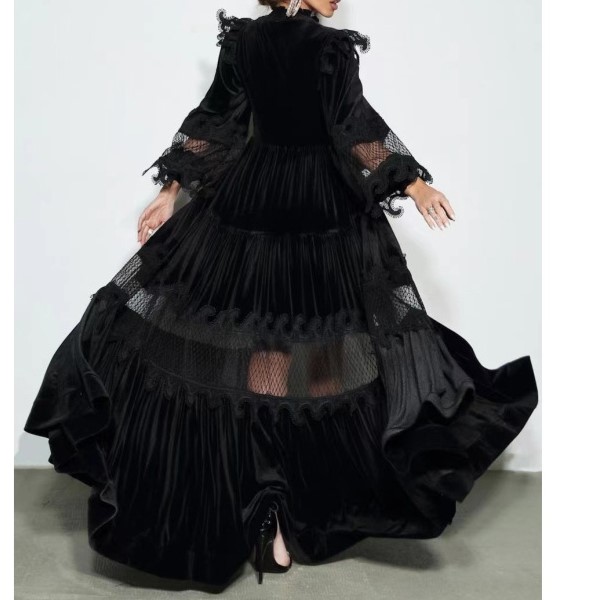 2023 New Fashion Long Sleeve Velvet Lace Dress With Large Skirt and Decorate With Pearl Elegant Maxi Long Sleeves Dress
