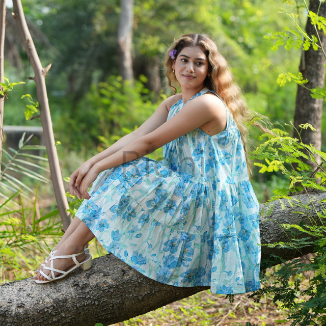 High Quality Aqua Blue Floral Hand Block Printed Cotton Sleeveless Dress Flowy, Lightweight, Boho Chic, Summer Outfit for Her