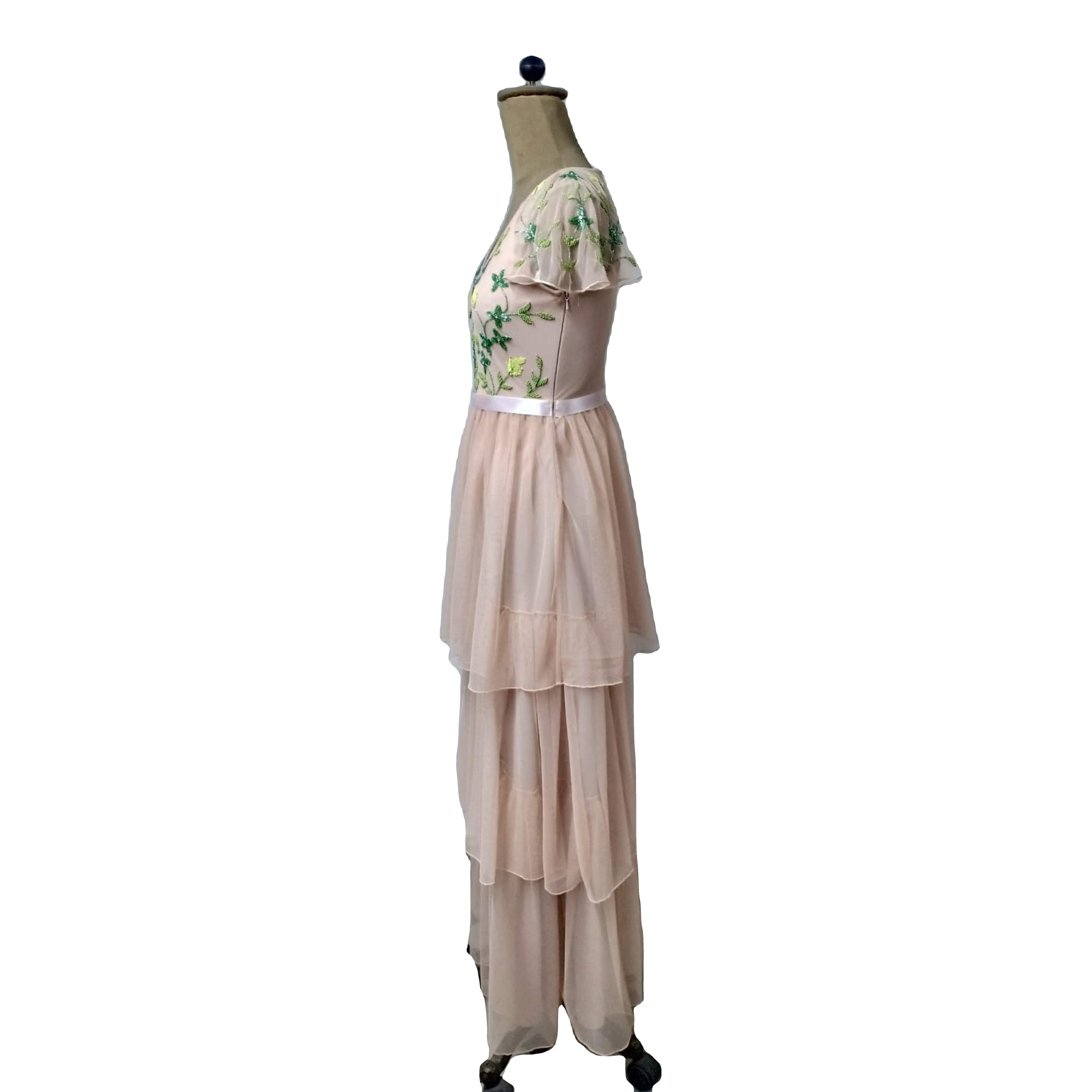 Beautiful Elegant Beads Sequin Floor Length Deep V Neck Hand Embroidered Women Casual Dress