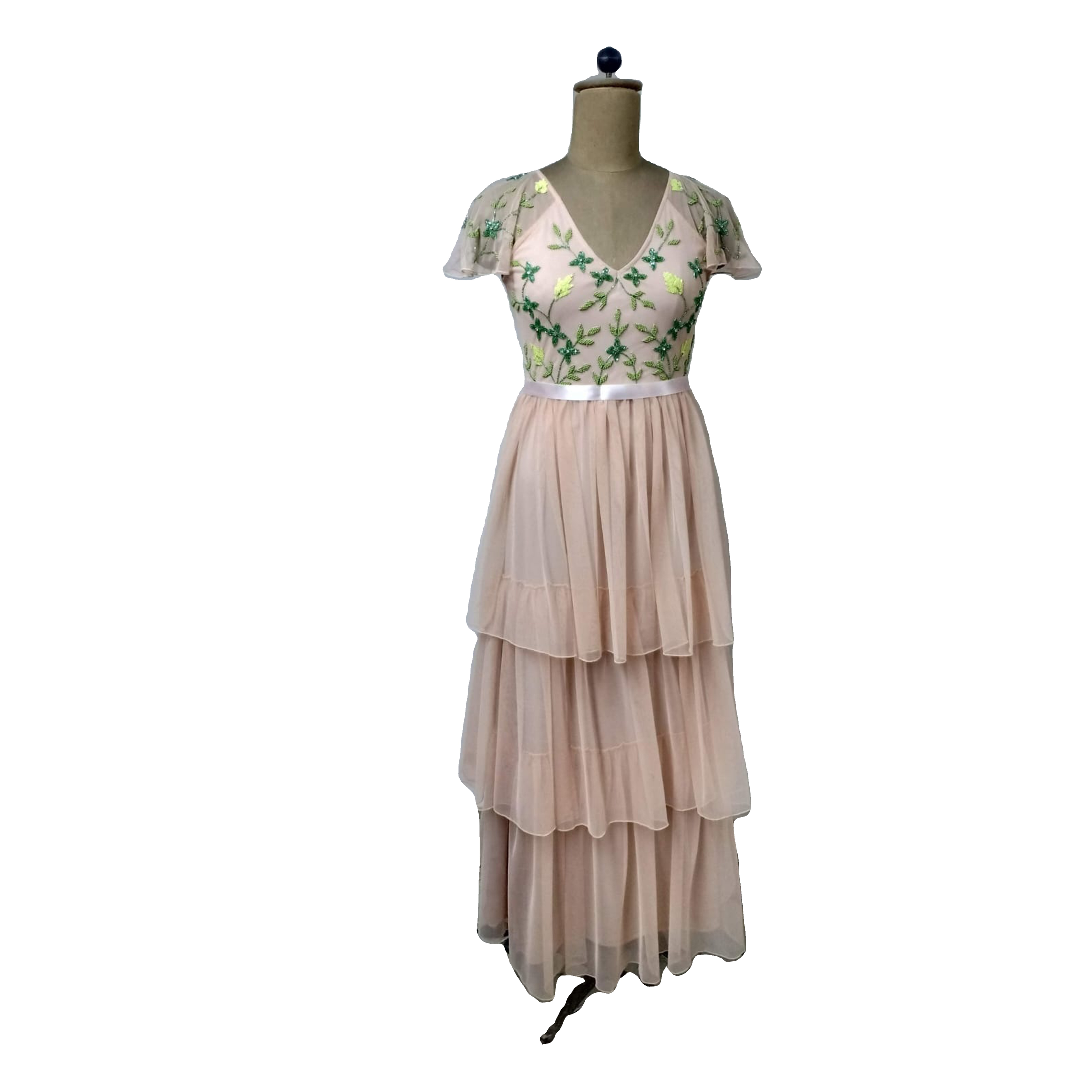 Beautiful Elegant Beads Sequin Floor Length Deep V Neck Hand Embroidered Women Casual Dress