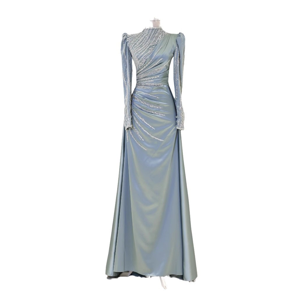 New Arrival Elegant Evening Dress Sequins Ruffle Design Bubble Sleeves Gauze Arab Abayas Muslim Women Party Dress