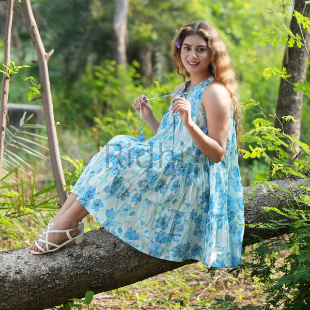 High Quality Aqua Blue Floral Hand Block Printed Cotton Sleeveless Dress Flowy, Lightweight, Boho Chic, Summer Outfit for Her