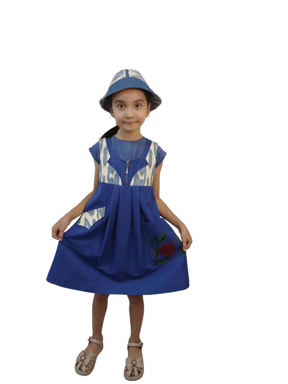 Handmade Designer Children's Set Girls Exclusive Ethnic Embroidery Sundress Asymmetrical Pockets Adras Fabric Inserts Combined